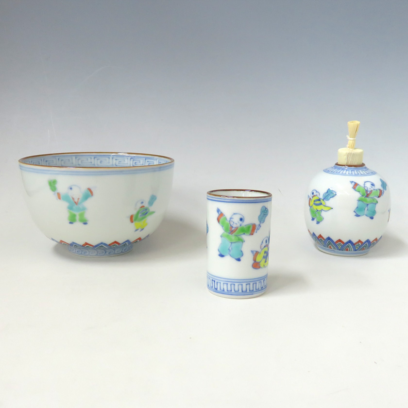 高野昭阿弥作　3点セット (茶碗、振出、巾筒) 色紙唐子 茶道具 茶道具 茶箱】 茶箱用三点セット(茶碗・振出・茶巾筒) 赤絵 高野